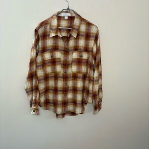 Bunulu Women’s Large Cream and Orange Button Down Shirt Classic fall plaid